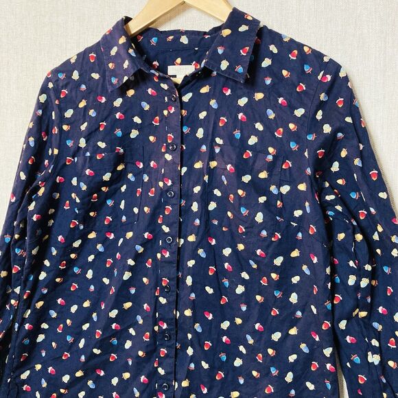 Talbots S Button Up Navy All Over Acorn Print Long Sleeve Blouse Teachercore - Picture 2 of 12